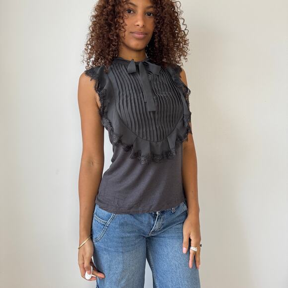 Vintage Kookai pleated silk-collar sleeveless top with lace trim (S/M) - Picture 5 of 9